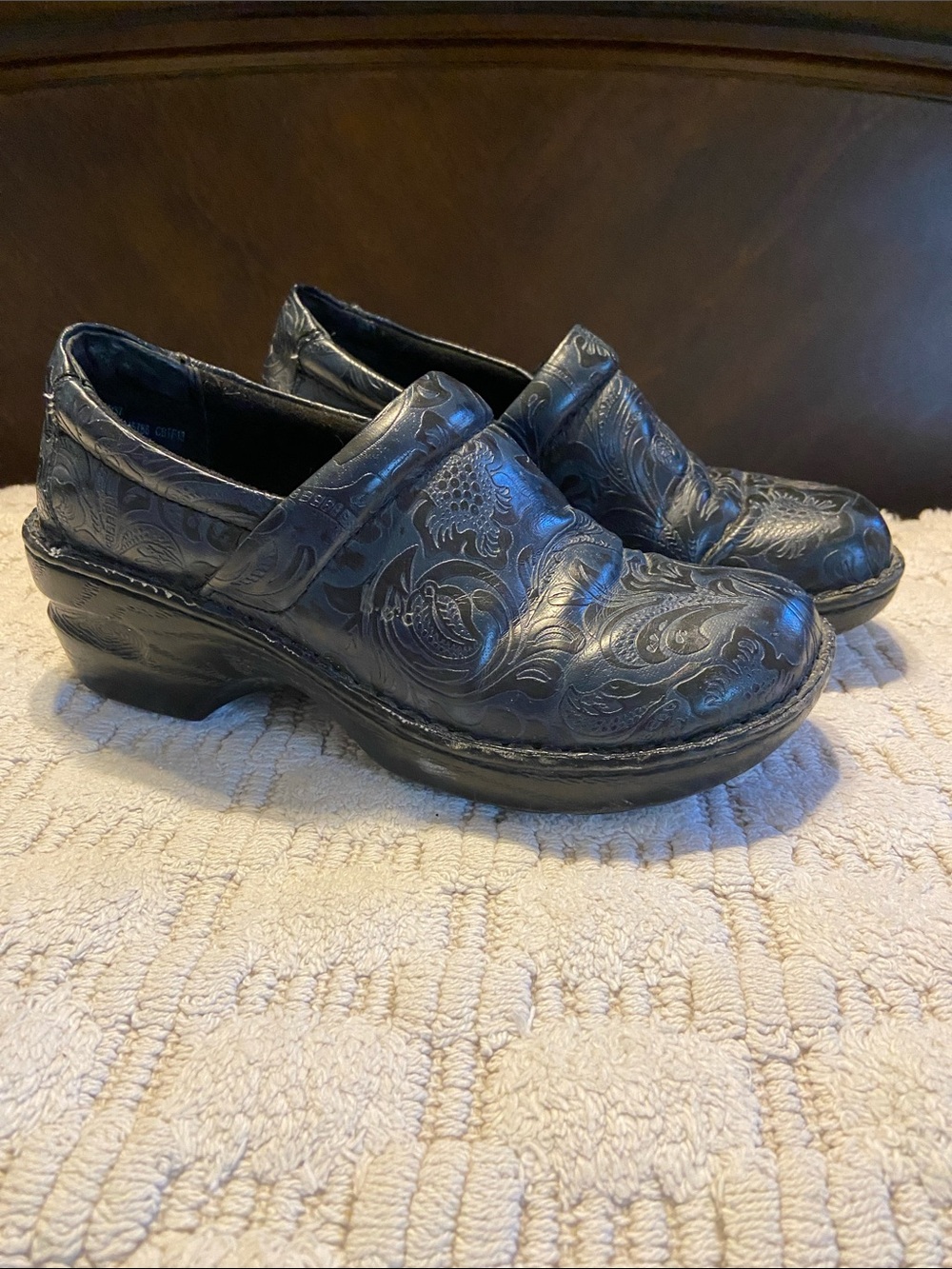 boc Black Embossed Leather Clogs